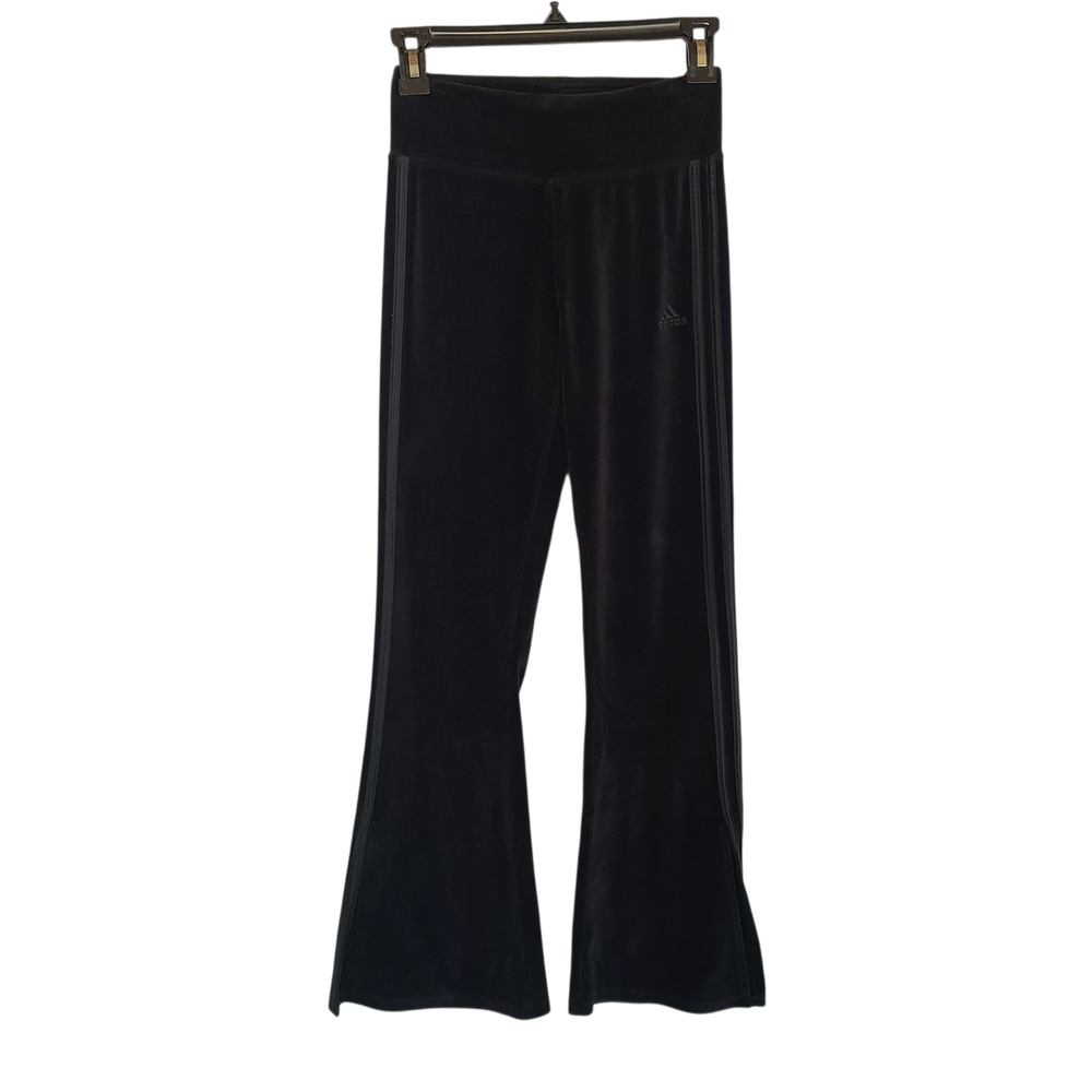 adidas Girls Velour Flare Leggings Black 3-Stripe Slim Fit Split Hem Size L 14